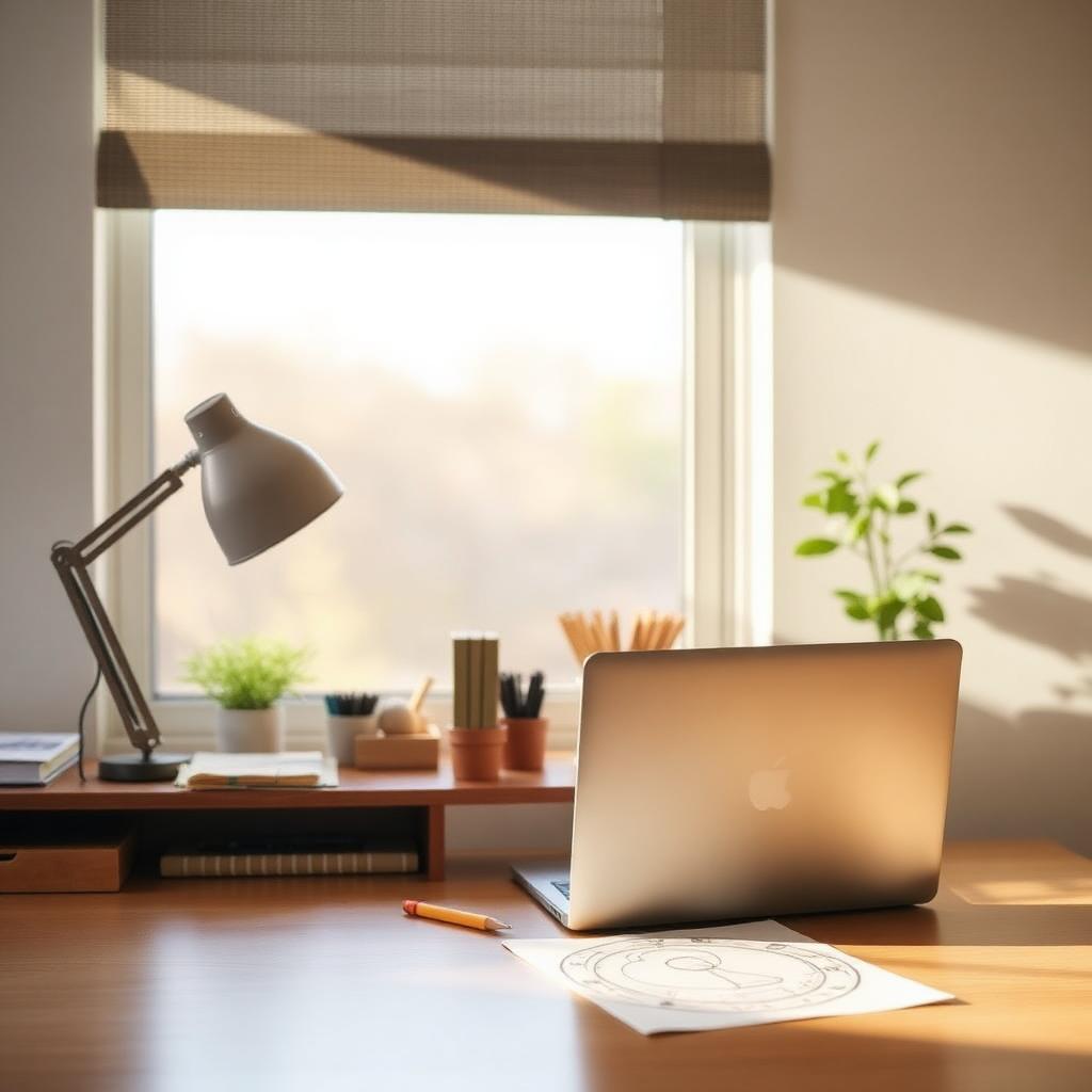 A quiet home office with a laptop and a child's drawing